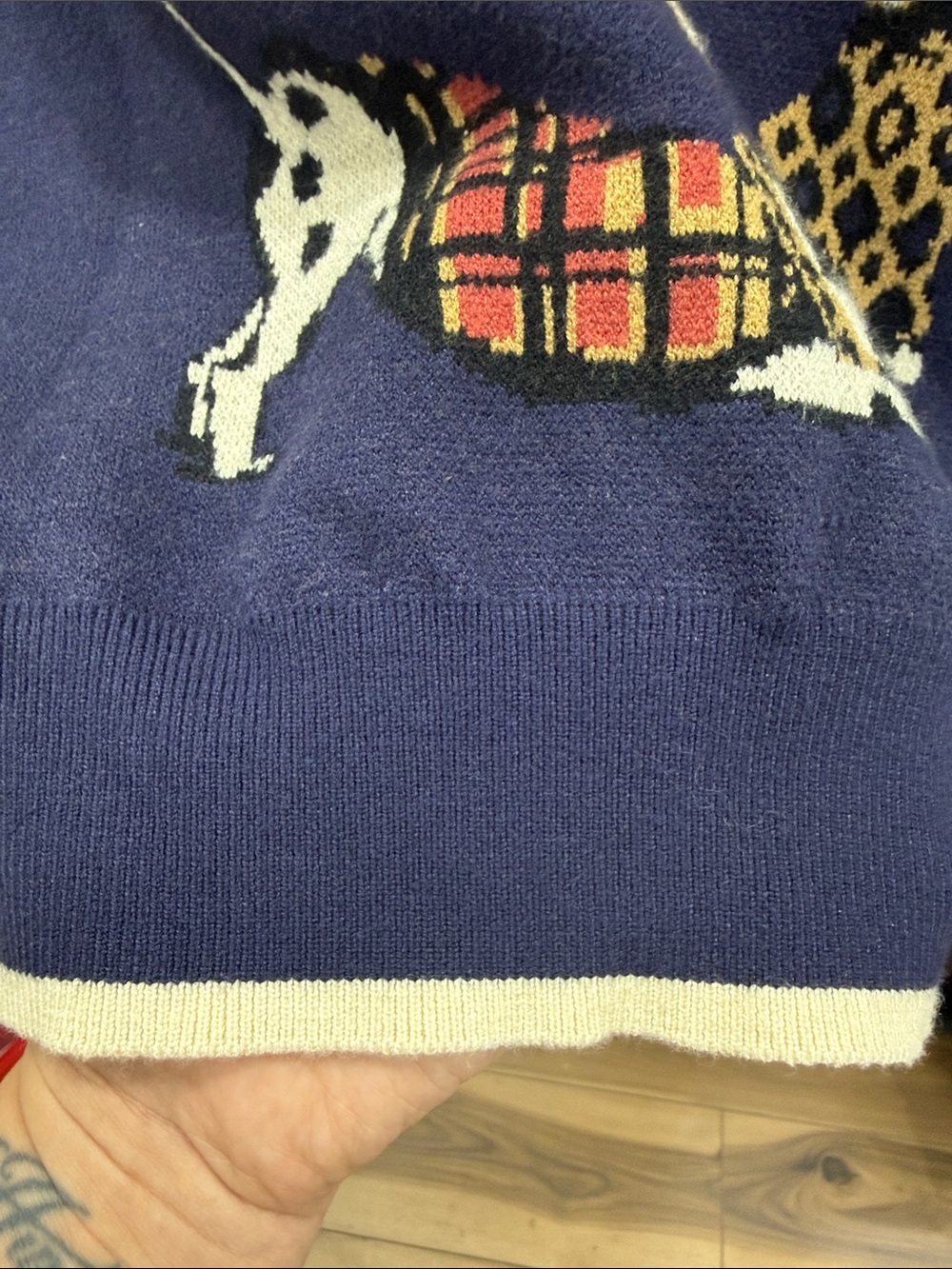 NWT Cider Navy Dog-Print Crewneck Sweater with Cream Trim - Picture 4 of 6